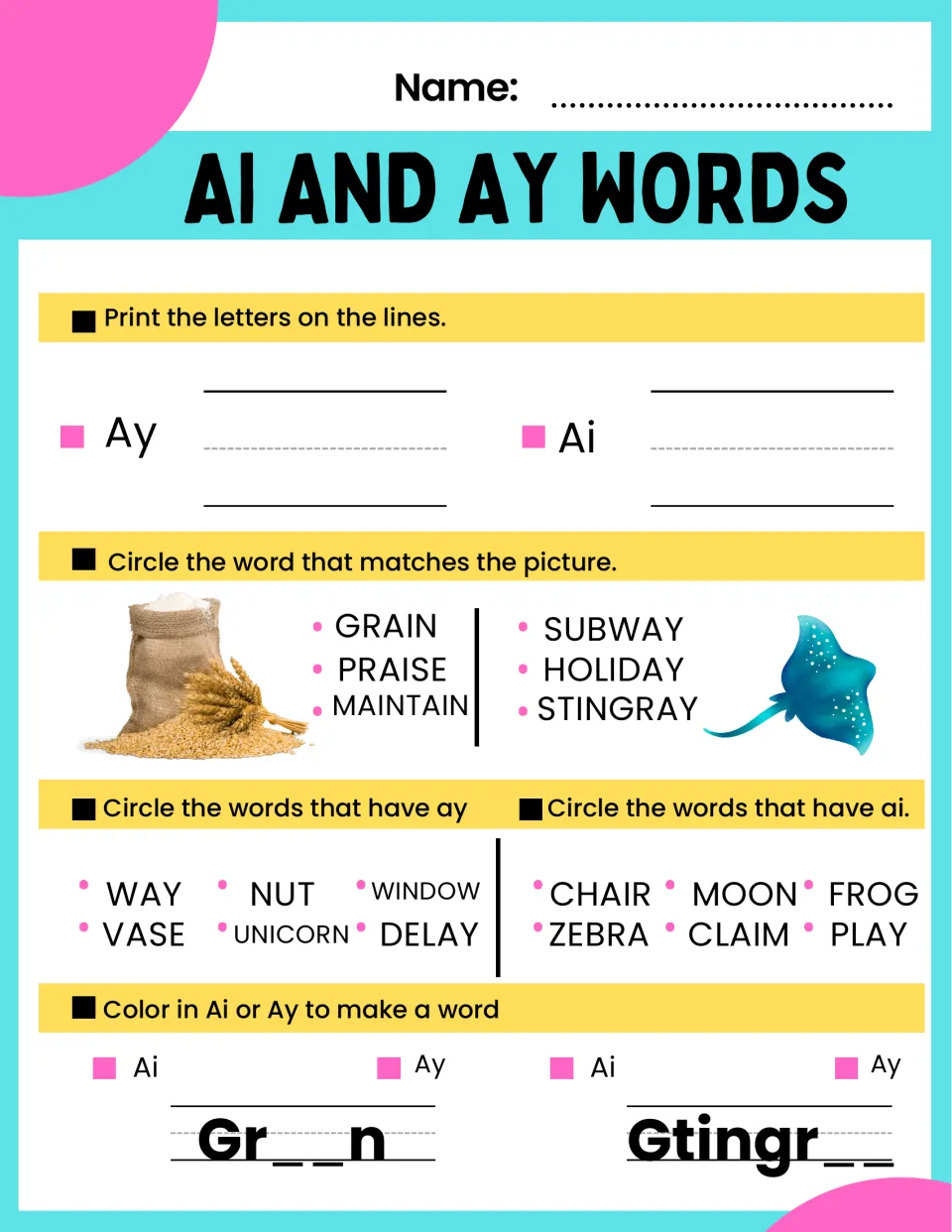 AI and AY practice sheet 7: write the letter pairs, match grain and stingray pictures, and find AI and AY words.