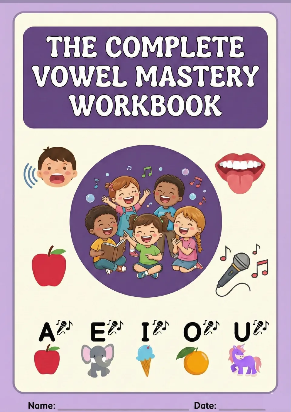 The Complete Vowel Mastery Workbook cover: singing children above A, E, I, O, U with apple, elephant, ice cream, orange