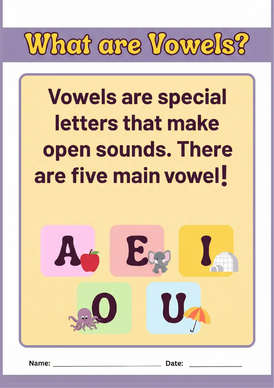 What are Vowels? intro defining vowels as letters that make open sounds, with A, E, I, O, U and an apple, igloo, octopus