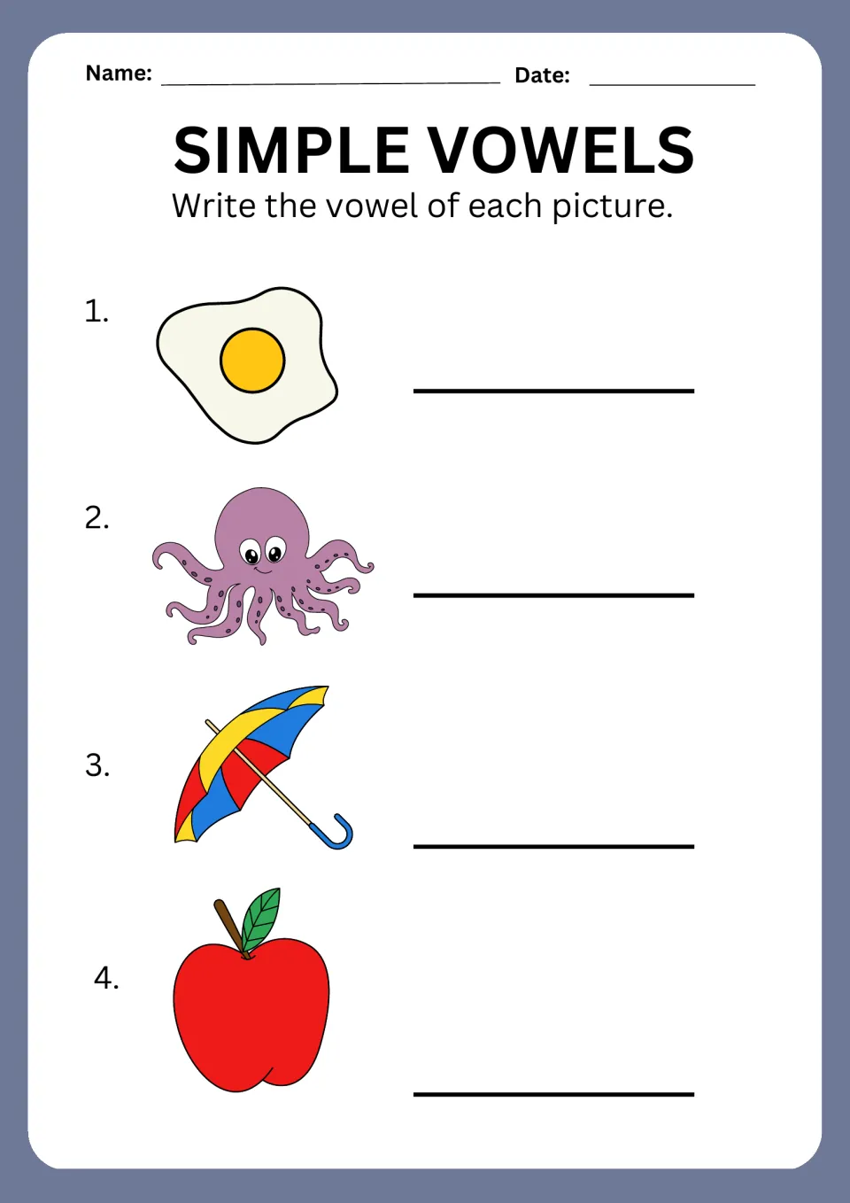 Simple Vowels: students identify beginning vowel sounds and write the vowel for an egg, octopus, umbrella and apple
