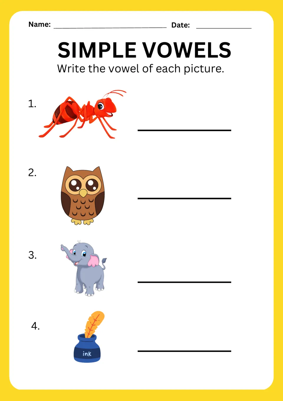 Vowel sound practice: students write the beginning vowel for pictures of an ant, an owl, an elephant and a pot of ink