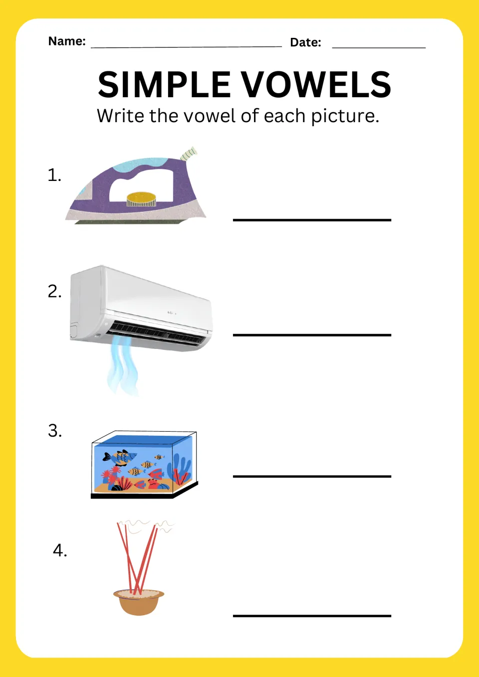 Beginning vowel sounds: students write the first vowel for an iron, an air conditioner, a fish aquarium and incense sticks