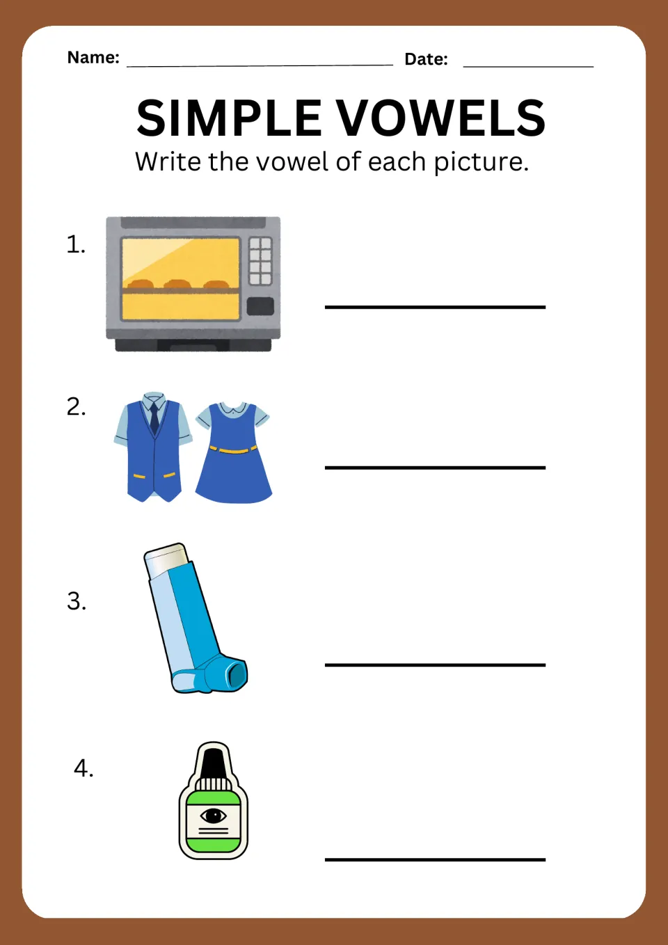 Vowel identification: students write the starting vowel for an oven, school uniforms, an inhaler and an eye drop bottle
