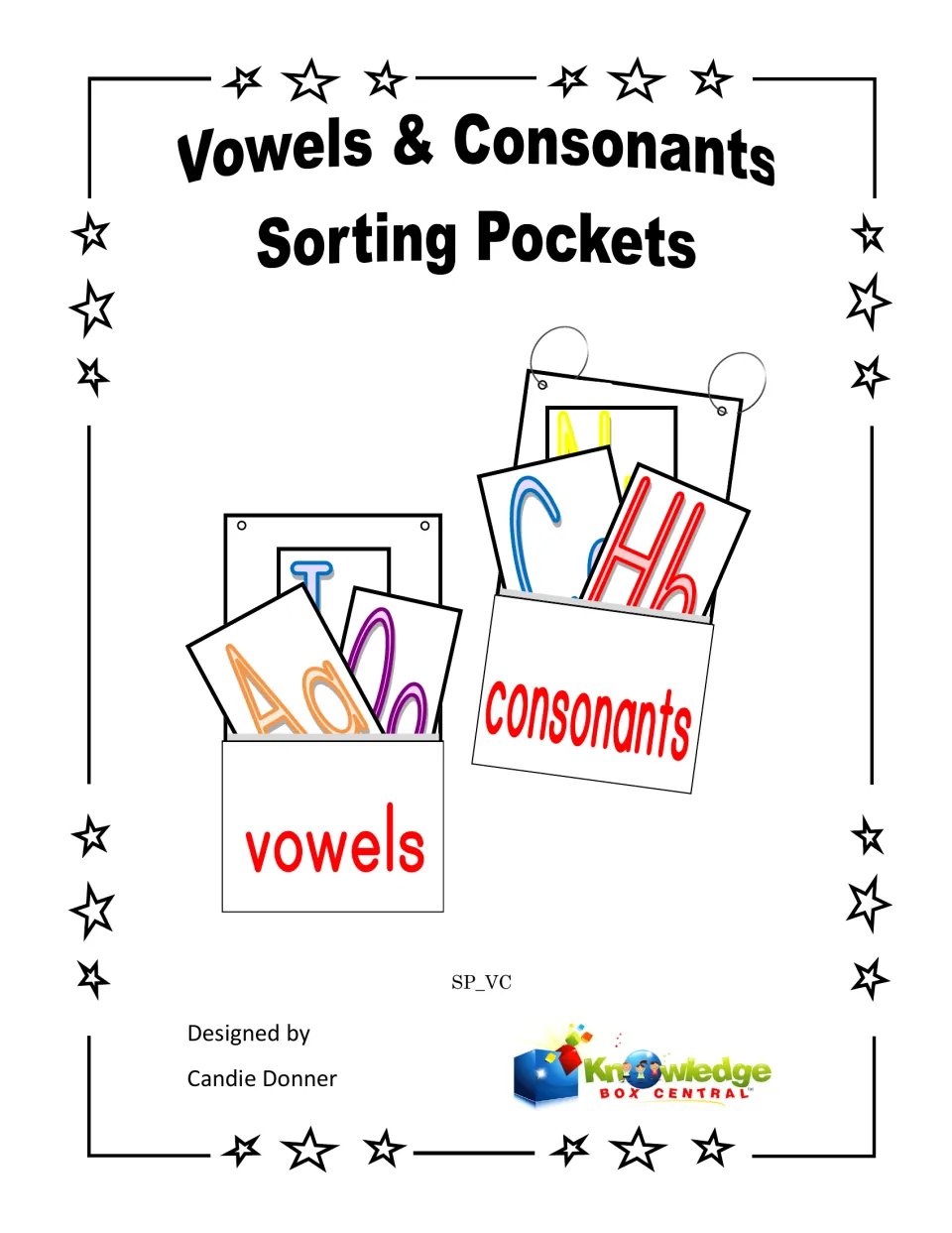 Vowels & Consonants Sorting Pockets cover, showing letter cards tucked into a vowels pocket and a consonants pocket