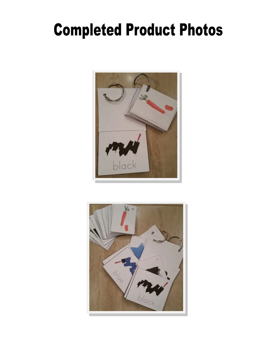 Completed product photos of pockets joined with metal rings and hole-punched cards, shown with 'black' and 'blue' cards