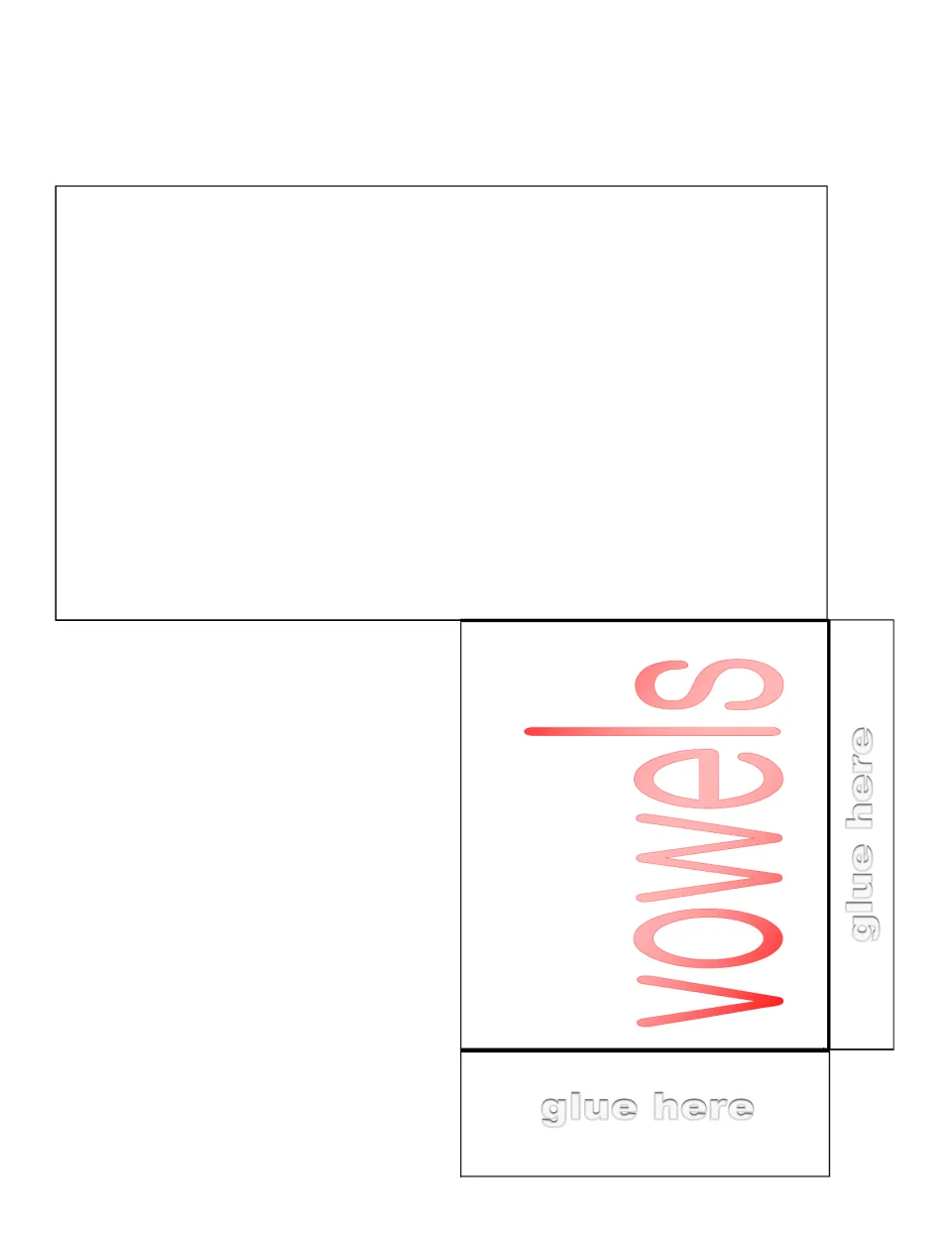 Vowels sorting pocket template with the 'vowels' label and two 'glue here' flaps to fold into a pocket