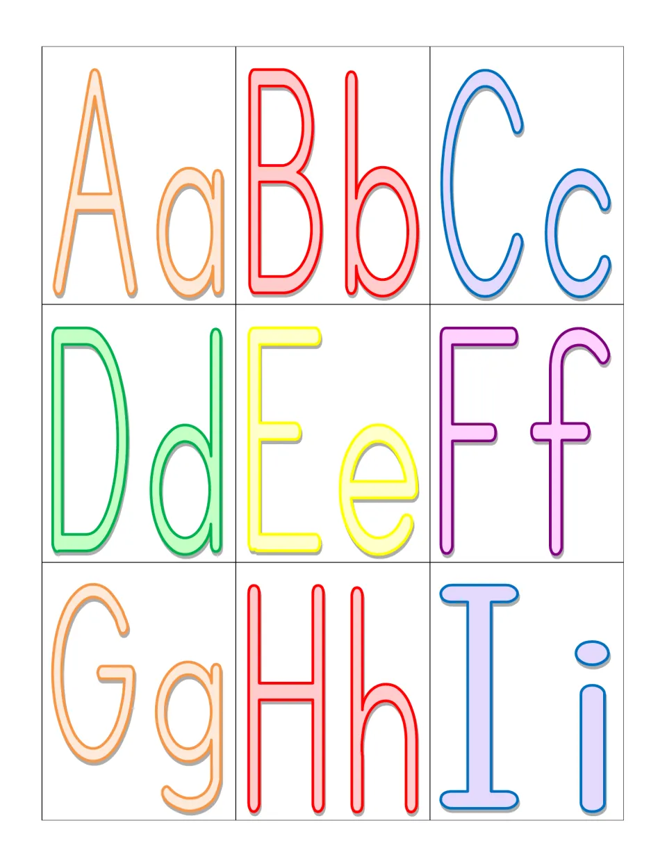 Letter sorting cards Aa through Ii, nine to a page, including the vowels Aa, Ee and Ii to sort into pockets