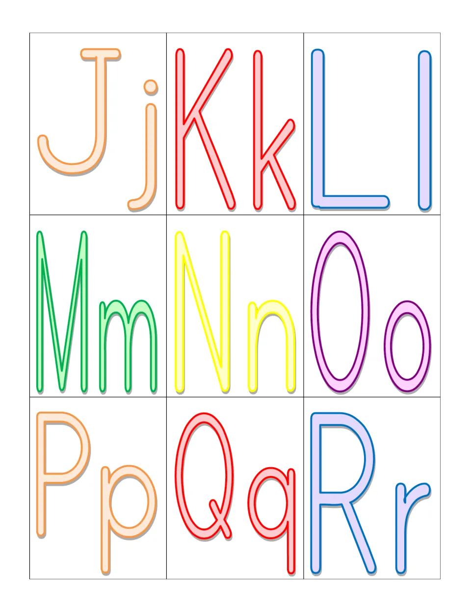 Letter sorting cards Jj through Rr, nine to a page, with the vowel Oo among consonants such as Kk and Mm