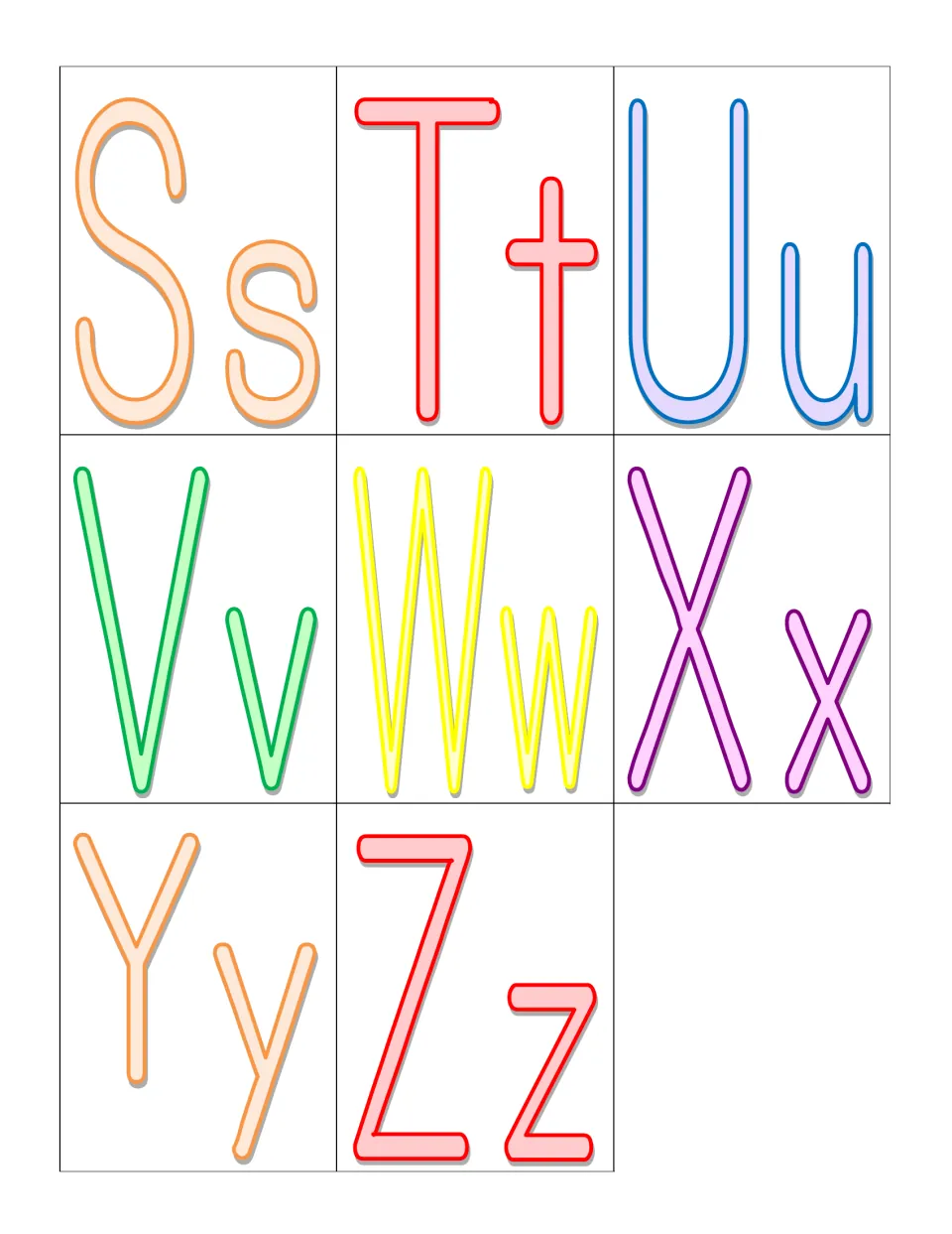 Last letter sorting cards Ss through Zz, eight cards, with the vowel Uu among consonants Tt, Vv and Ww