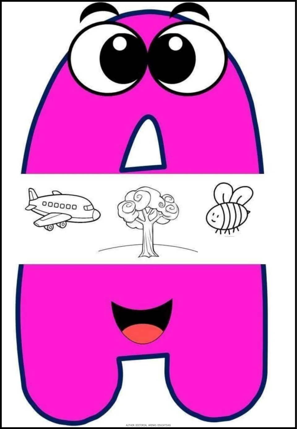 Spanish vowel A poster, first of five vowel posters, featuring pictures of an airplane, a tree, and a bee