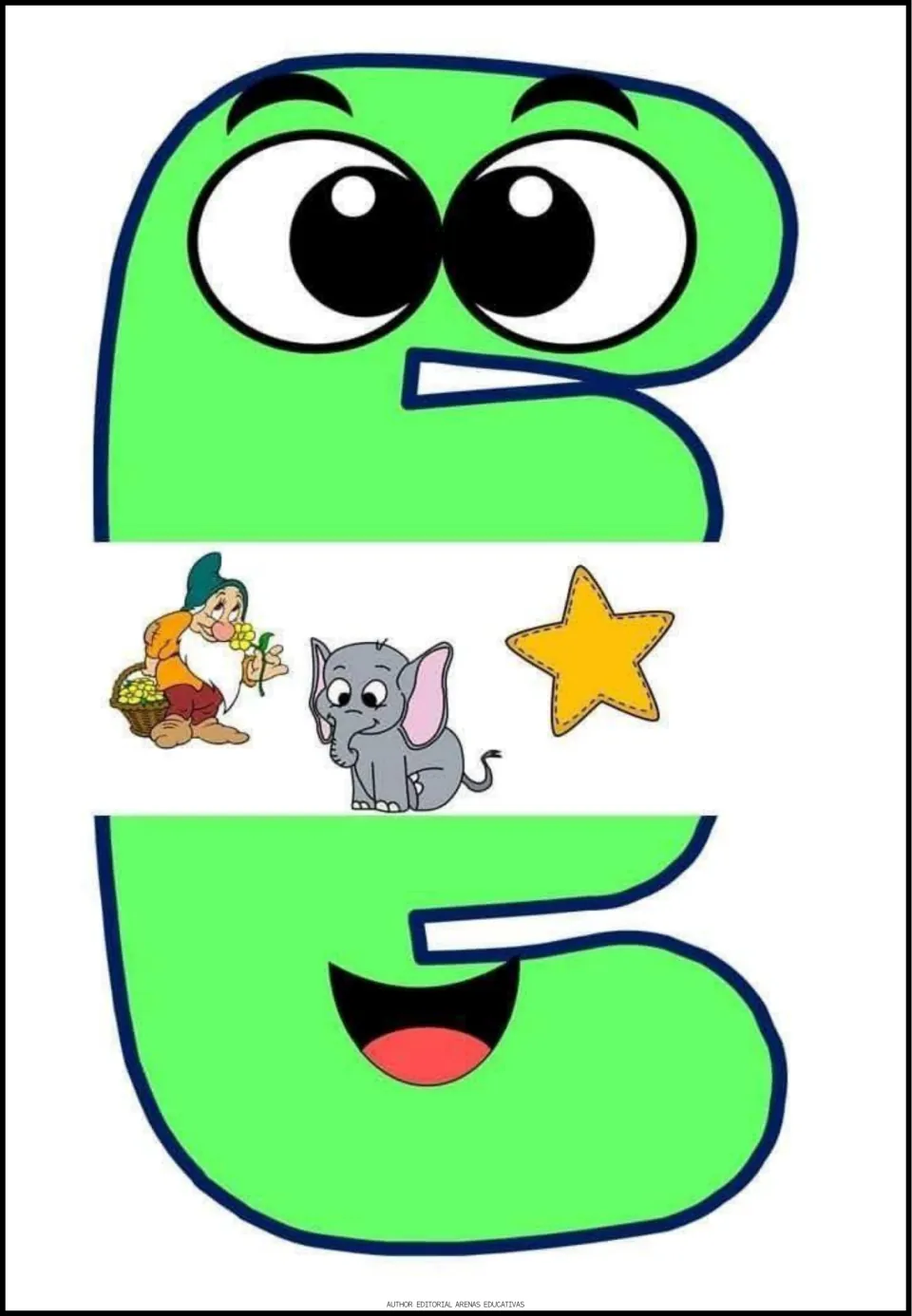 Spanish vowel E poster, second of five vowel posters, featuring pictures of a dwarf, an elephant, and a star