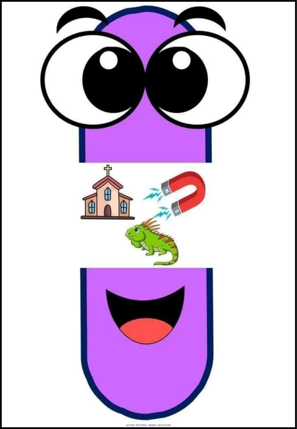 Spanish vowel I poster, third of five vowel posters, featuring pictures of a church, a magnet, and an iguana