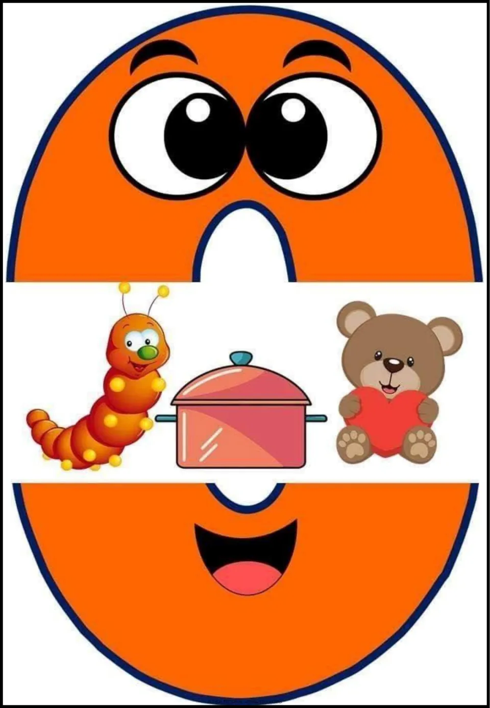 Spanish vowel O poster, fourth of five vowel posters, featuring pictures of a caterpillar, a pot, and a bear