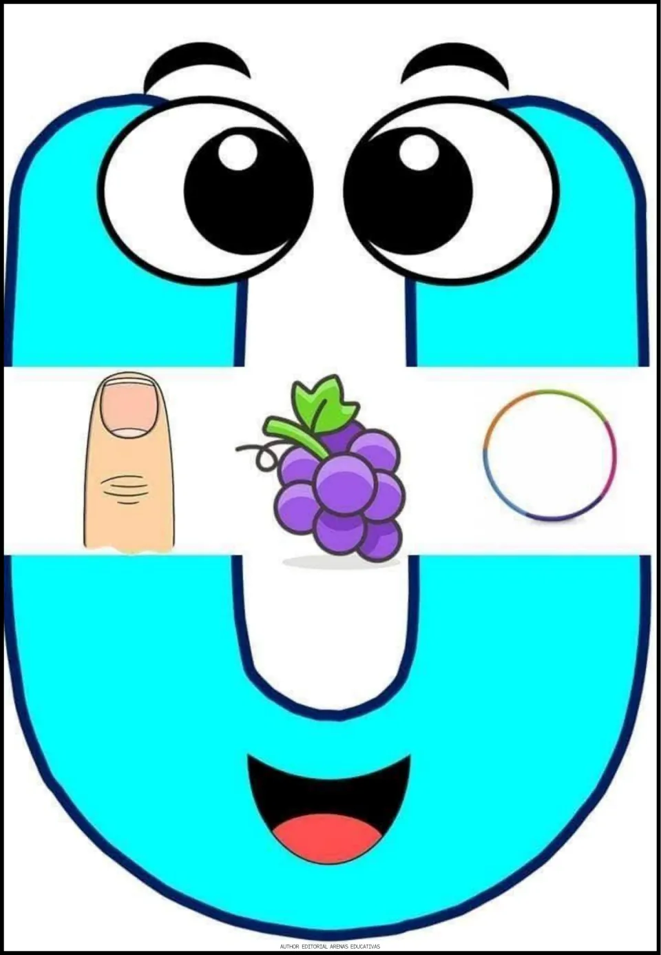 Spanish vowel U poster, fifth of five vowel posters, featuring pictures of a fingernail, grapes, and a hoop
