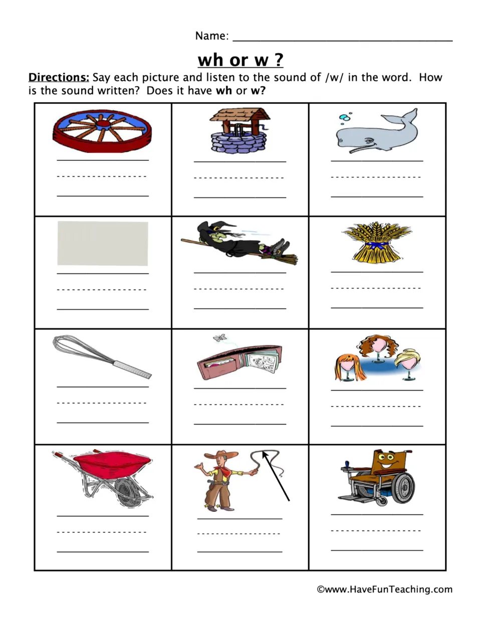 wh or w? phonics: students name 12 pictures like wheel, whale, witch and wallet and write wh or w for the /w/ sound