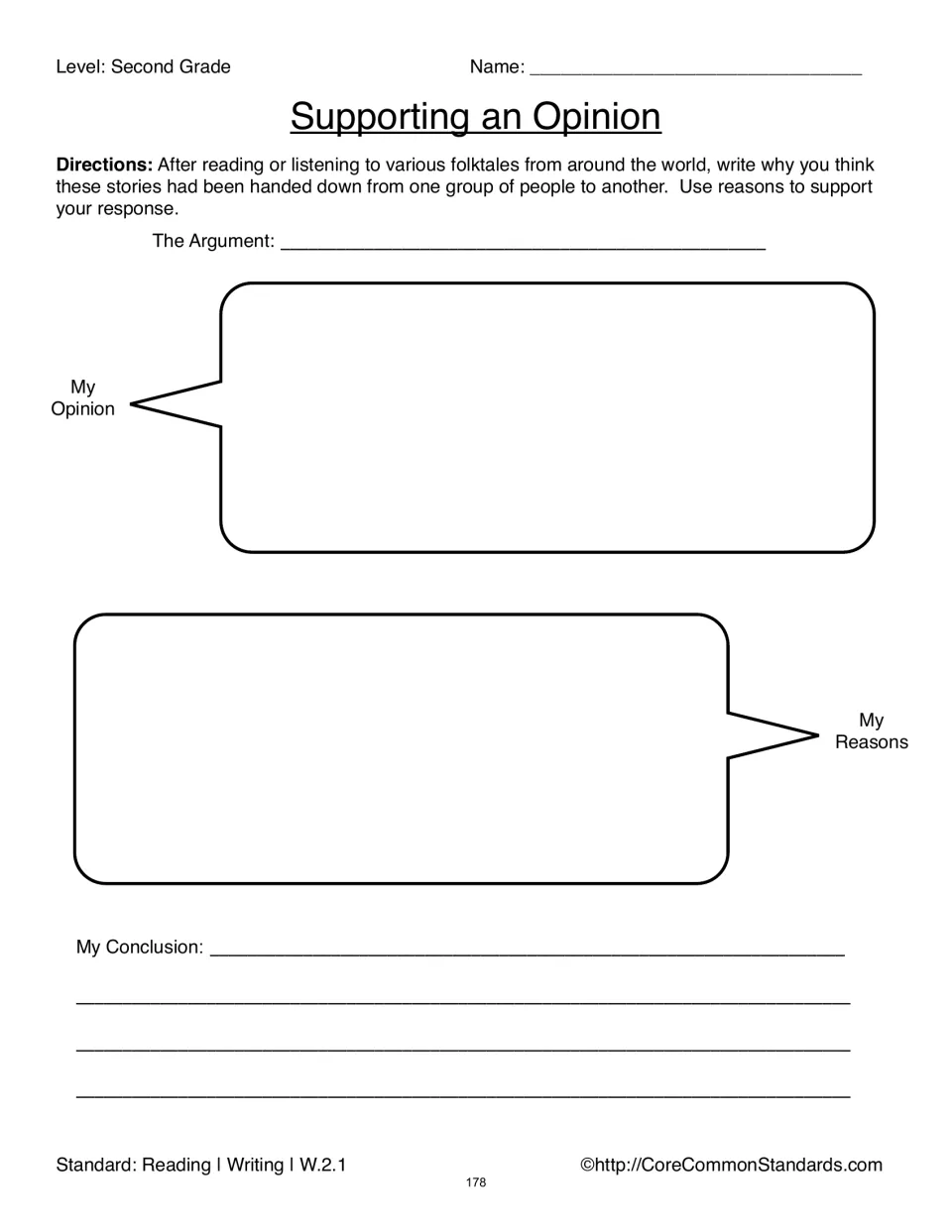 Supporting an Opinion organizer asks why folktales are passed down, with prompts for reasons and a conclusion