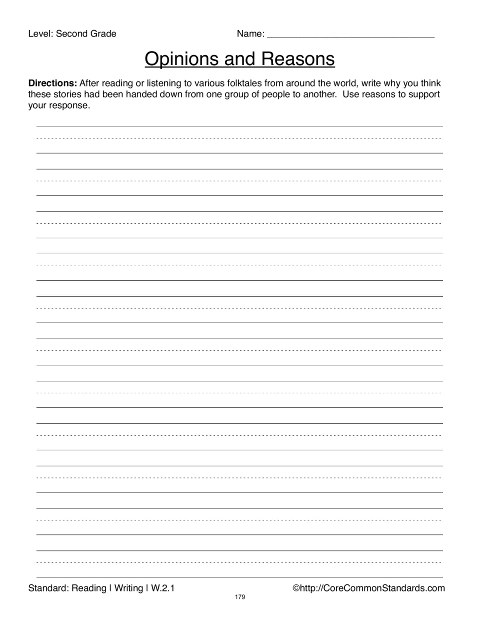 Opinions and Reasons writing page asks students to explain why folktales are passed down and give reasons