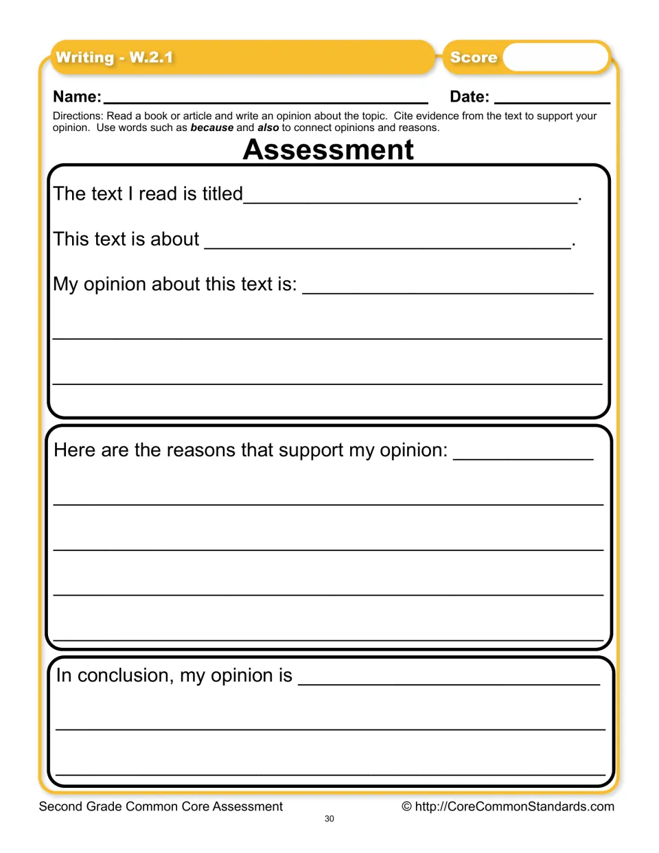 W.2.1 assessment asks for a text title, topic, opinion, supporting reasons, and conclusion after reading