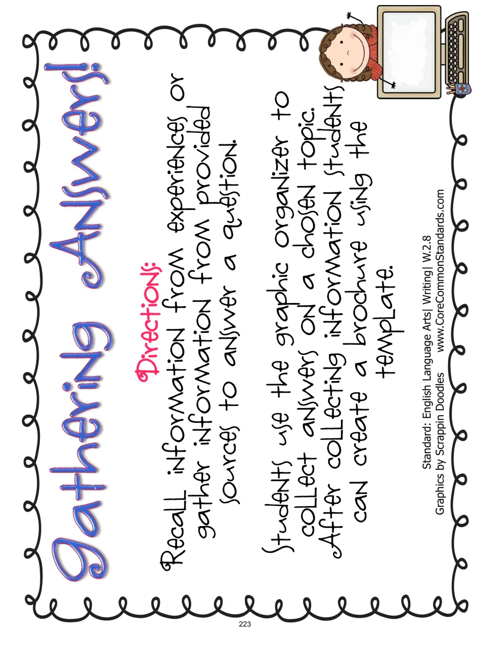 Gathering Answers directions explain using a graphic organizer to collect information and create a brochure