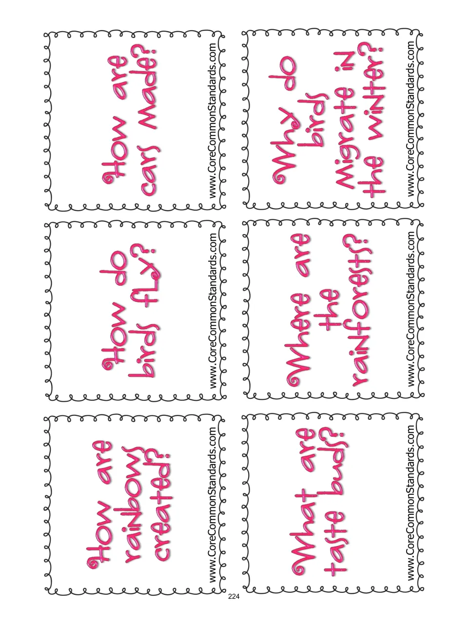 Six research question cards ask about rainbows, bird flight, car manufacturing, taste buds, rainforests, and migration