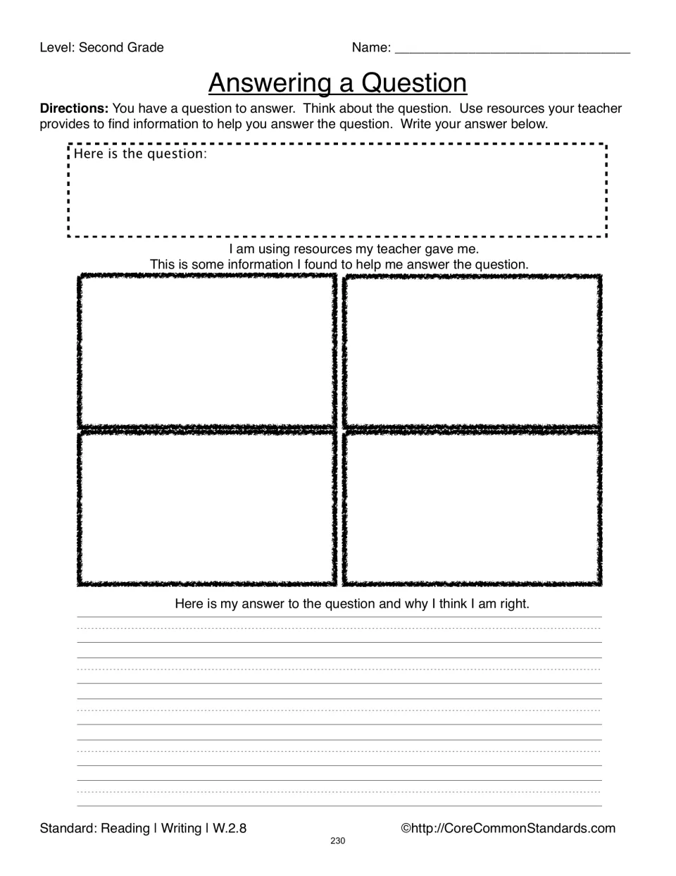 Answering a Question worksheet asks students to record a question, gather information, and explain their answer