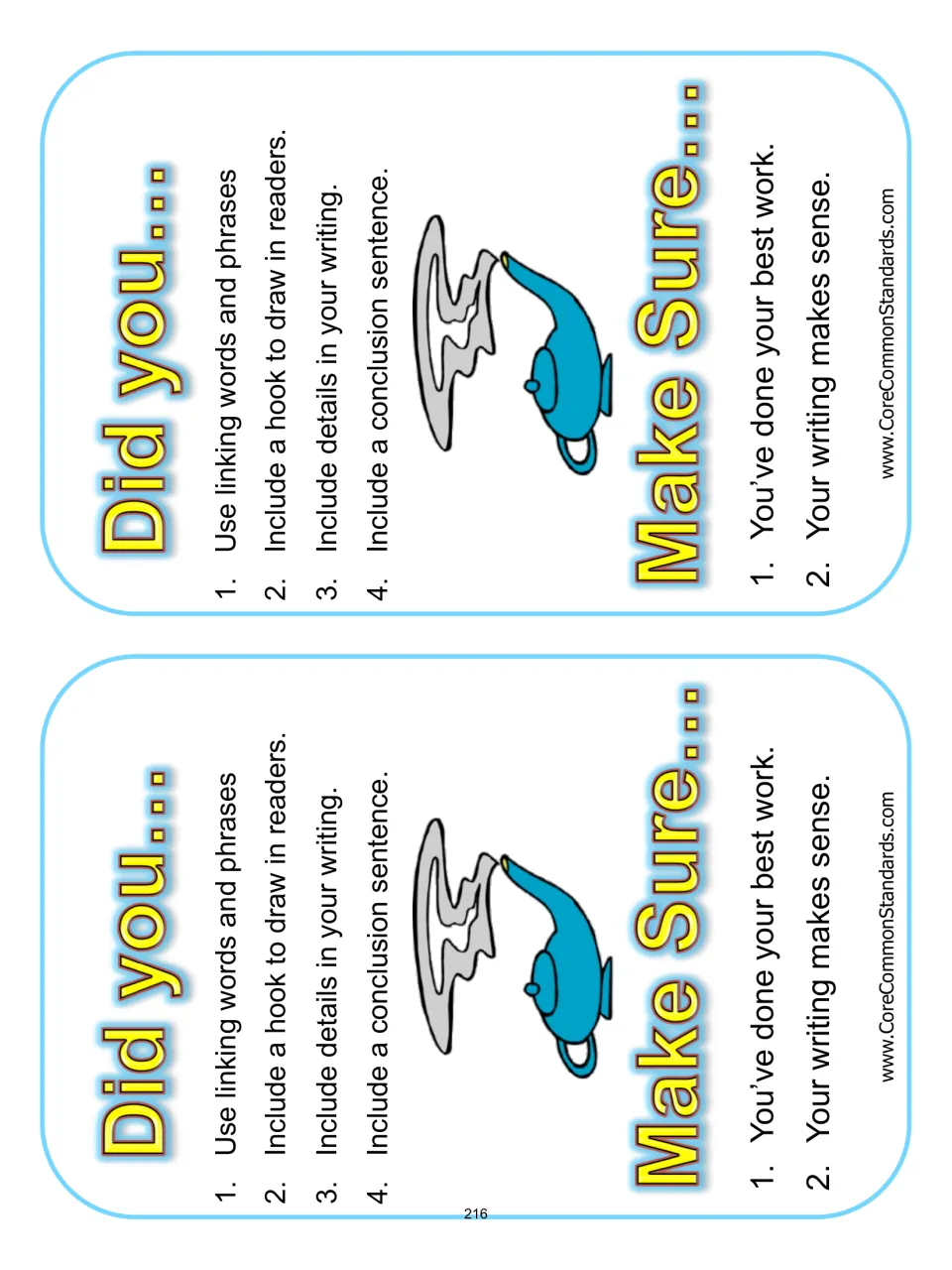 Two identical writing checklist cards ask about linking words, a hook, details, and a conclusion sentence