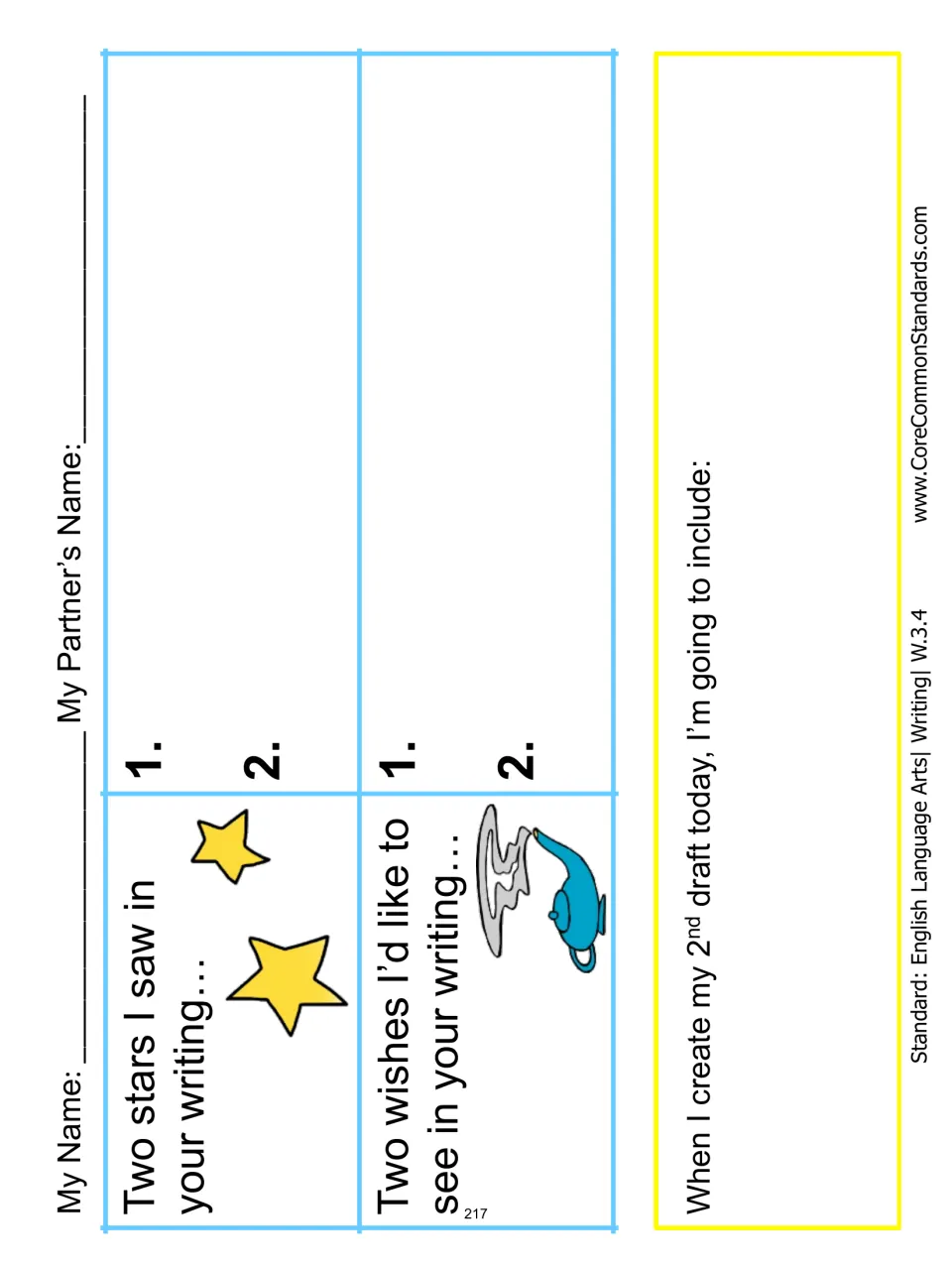 Peer feedback form asks for two stars, two wishes for a partner's writing, and a plan for a second draft