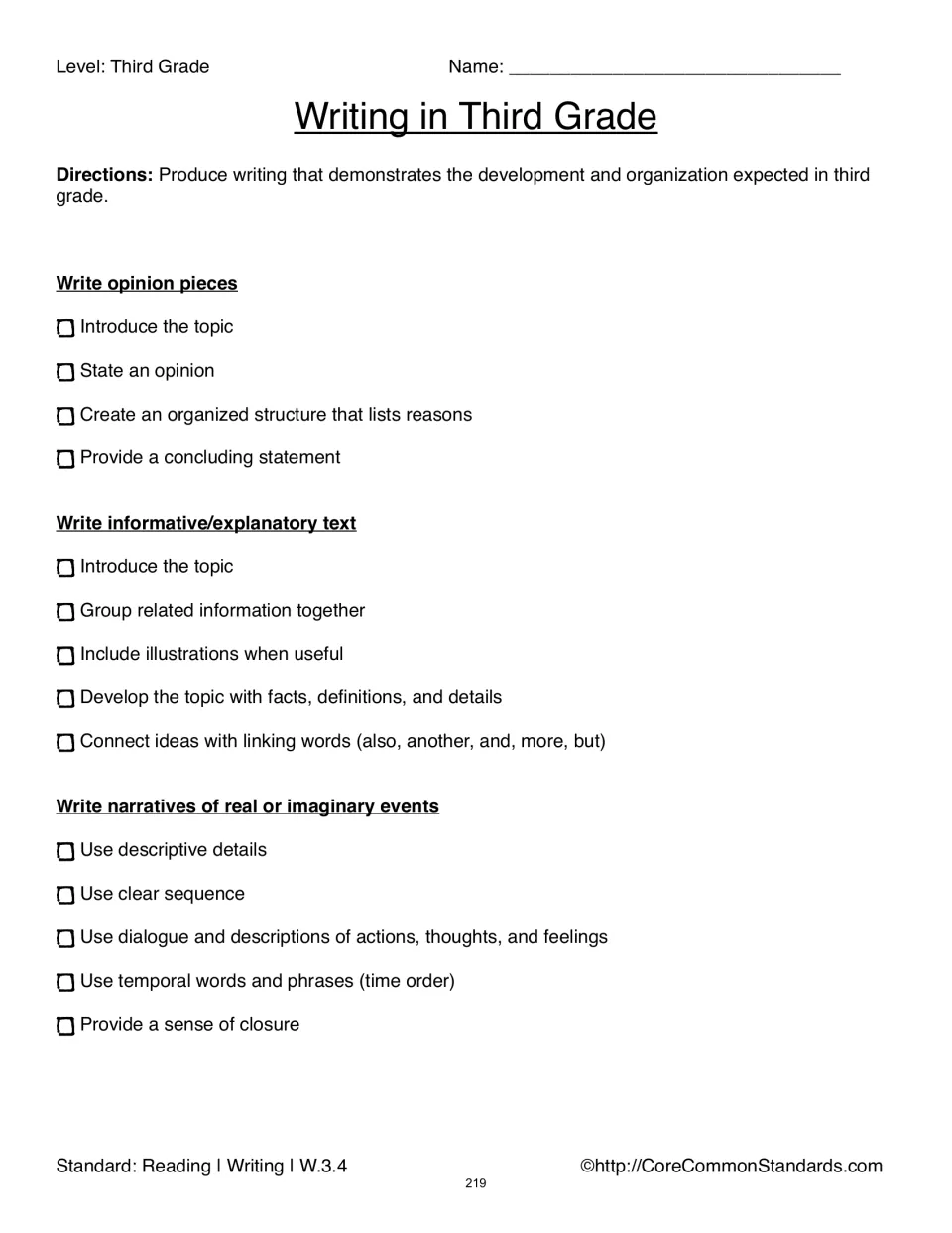 Writing in Third Grade checklist lists expectations for opinion, informative/explanatory, and narrative writing