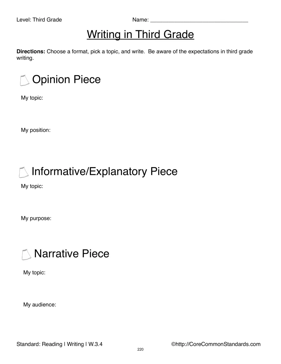 Writing planning sheet asks students to choose a genre and topic, then identify a position, purpose, or audience