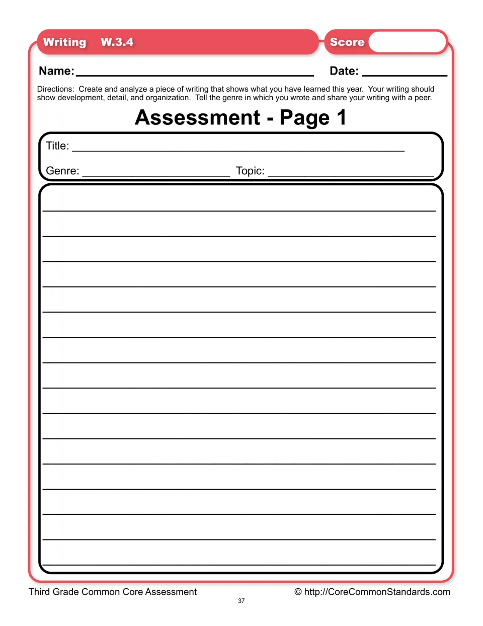 Assessment Page 1 asks students to create writing showing development, detail, and organization and name its genre
