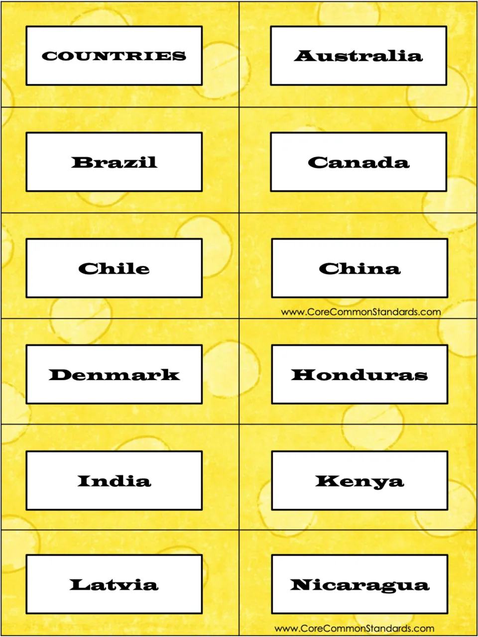 Country research cards: COUNTRIES label and 11 topics, including Australia, Brazil, Canada, Chile, and China