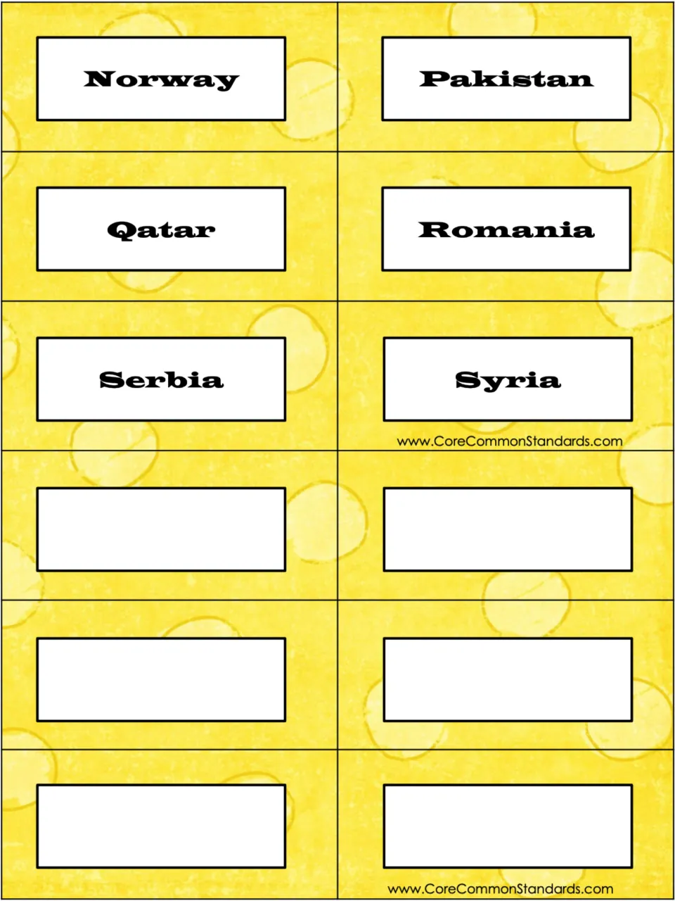 Country research cards: Norway, Pakistan, Qatar, Romania, Serbia, and Syria, plus six blank topic cards