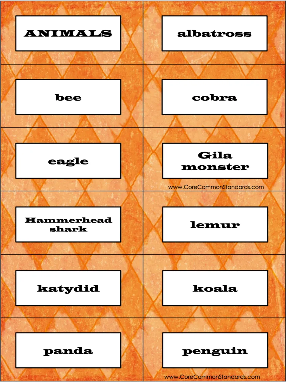 Animal research cards: ANIMALS label and 11 topics, including albatross, bee, cobra, eagle, and Gila monster