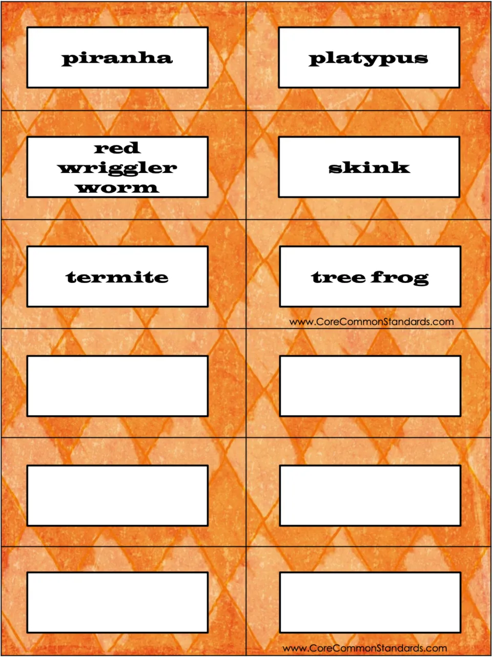 Animal topic cards: piranha, platypus, red wriggler worm, skink, termite, tree frog, and six blank cards