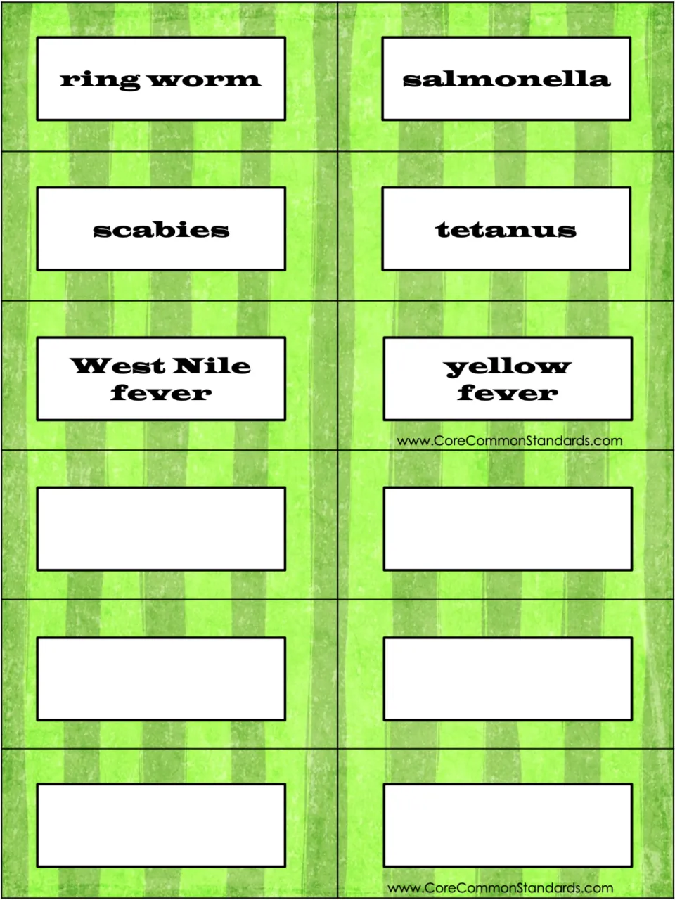 Disease topic cards: ring worm, salmonella, scabies, tetanus, West Nile fever, yellow fever, and six blanks