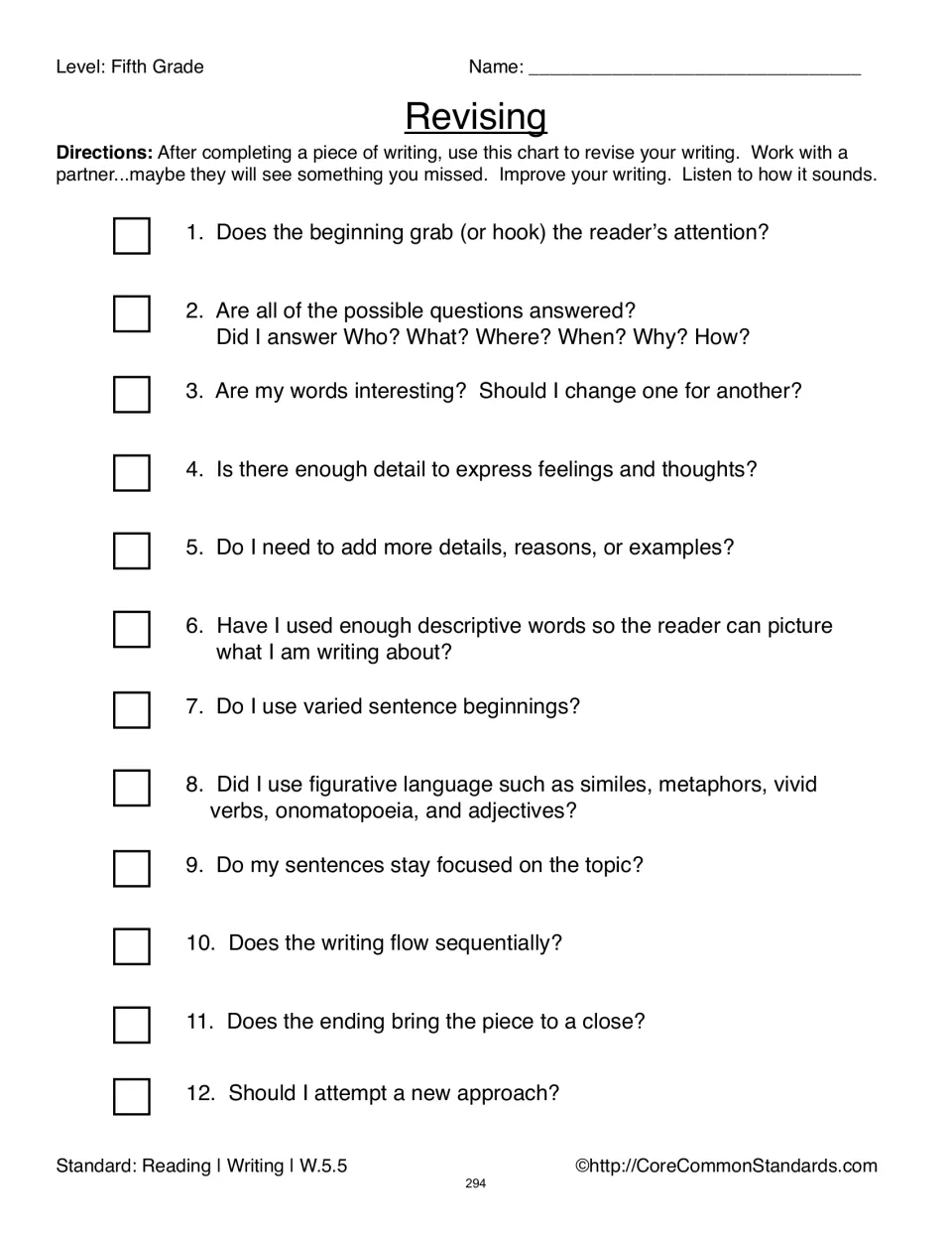 Revising checklist asks 12 questions about hooks, details, word choice, sentence variety, focus, and endings
