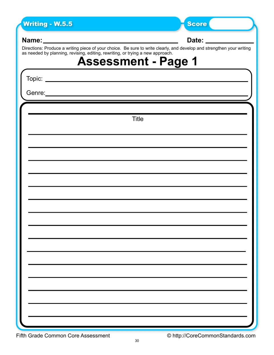 Writing assessment page 1 asks students to choose a topic and genre, then develop and strengthen their writing