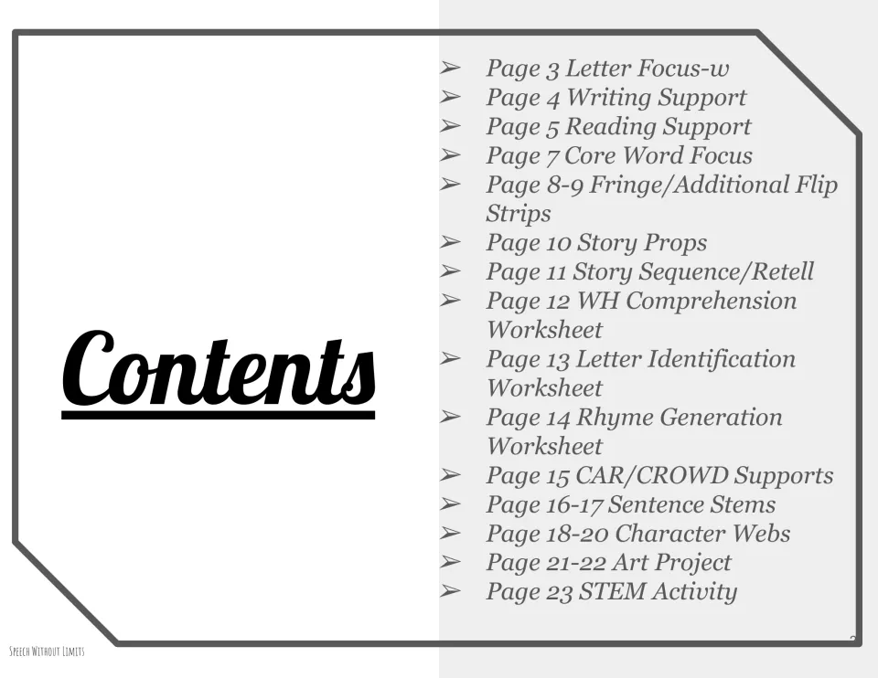 Contents for the book companion list letter focus, reading supports, vocabulary, retelling, art, and STEM