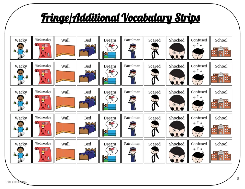 Five copies of a ten-word picture vocabulary strip include wacky, Wednesday, wall, bed, and six more