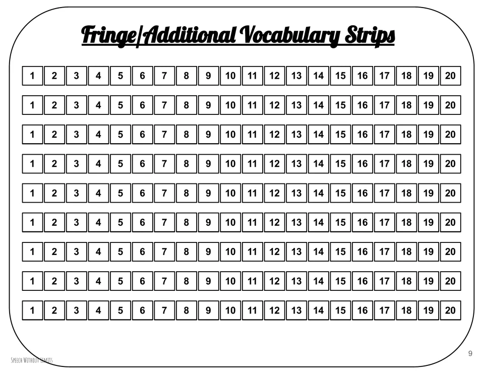 Nine copies of a number vocabulary strip each show 1–20 in order for the companion's numbers theme