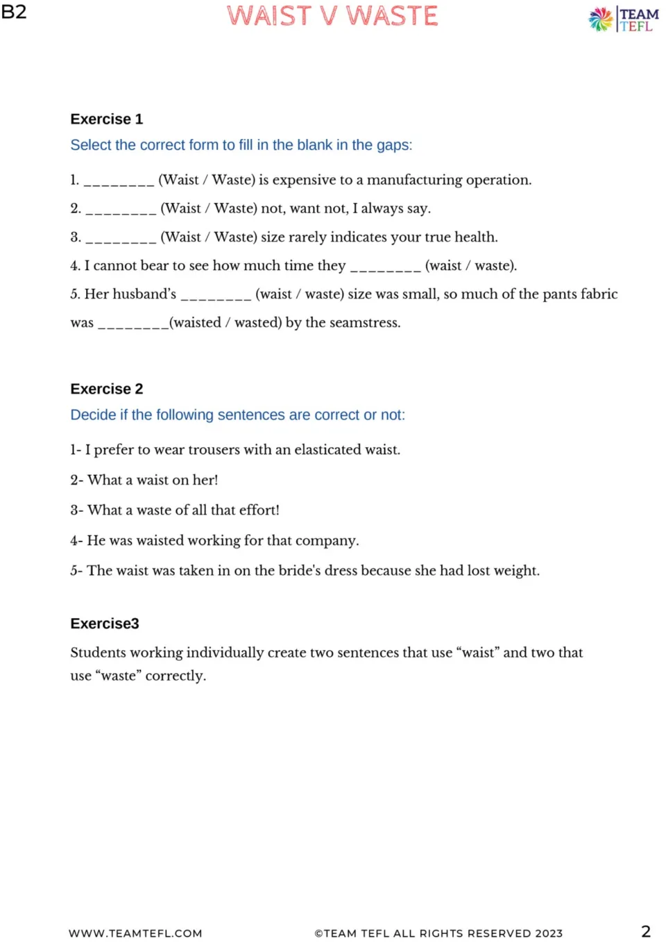 Practice page on waist and waste: five fill-in items, five correctness checks, and four original sentences.
