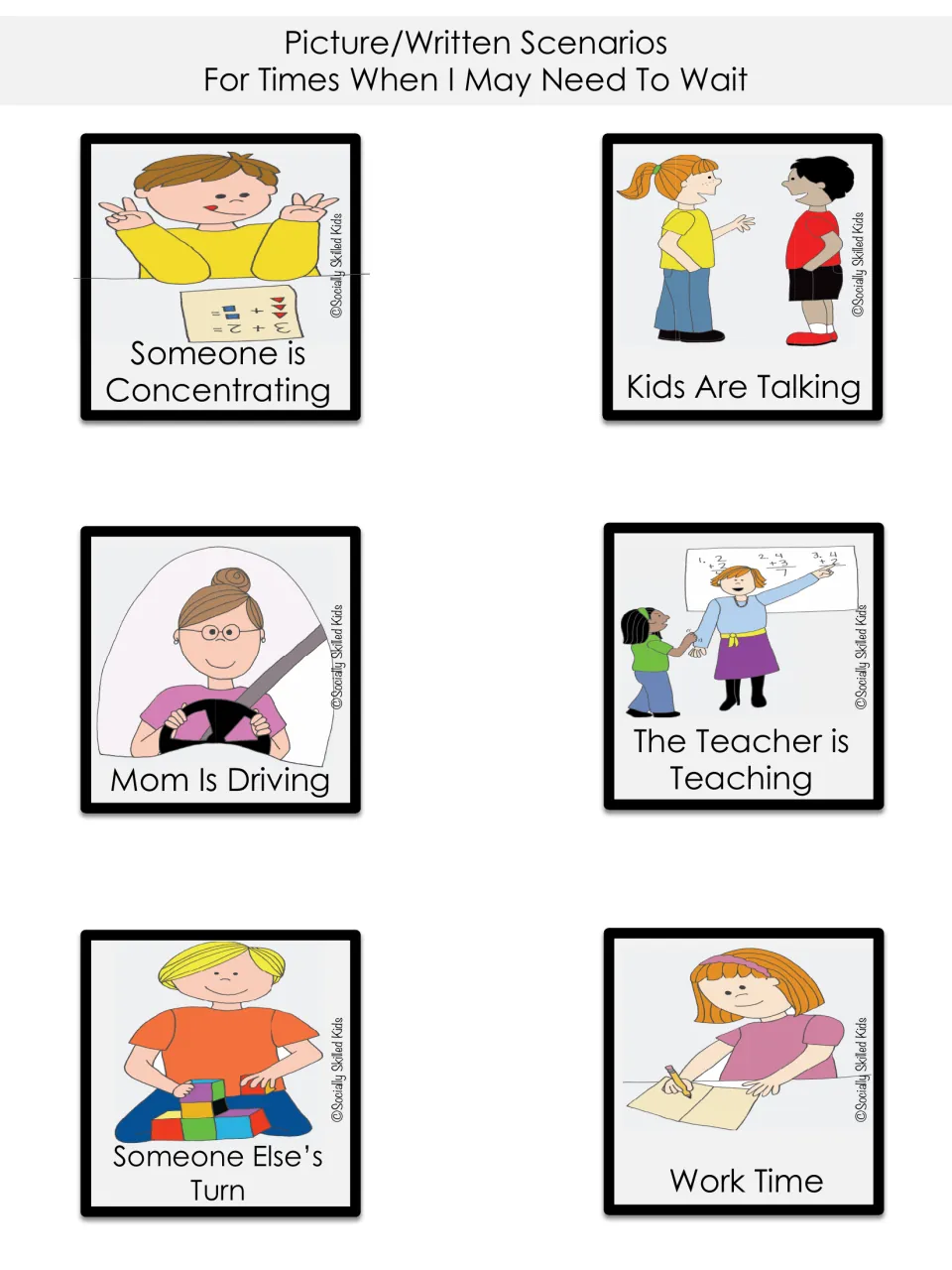 Picture scenario cards for times to wait: someone is concentrating, kids are talking, mom is driving, teacher is teaching