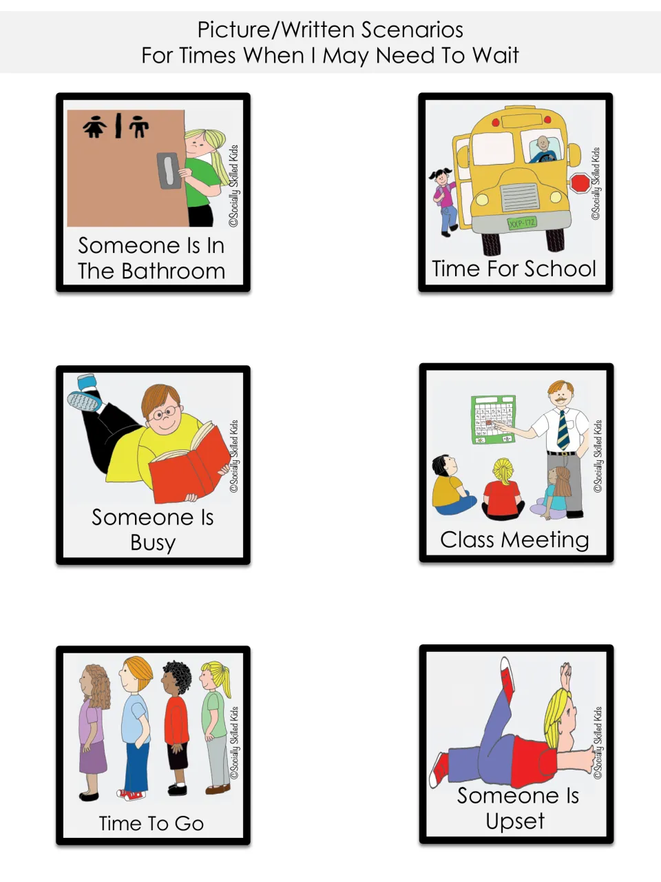 Picture cards, set 2: someone in the bathroom, time for school, class meeting, time to go, someone upset