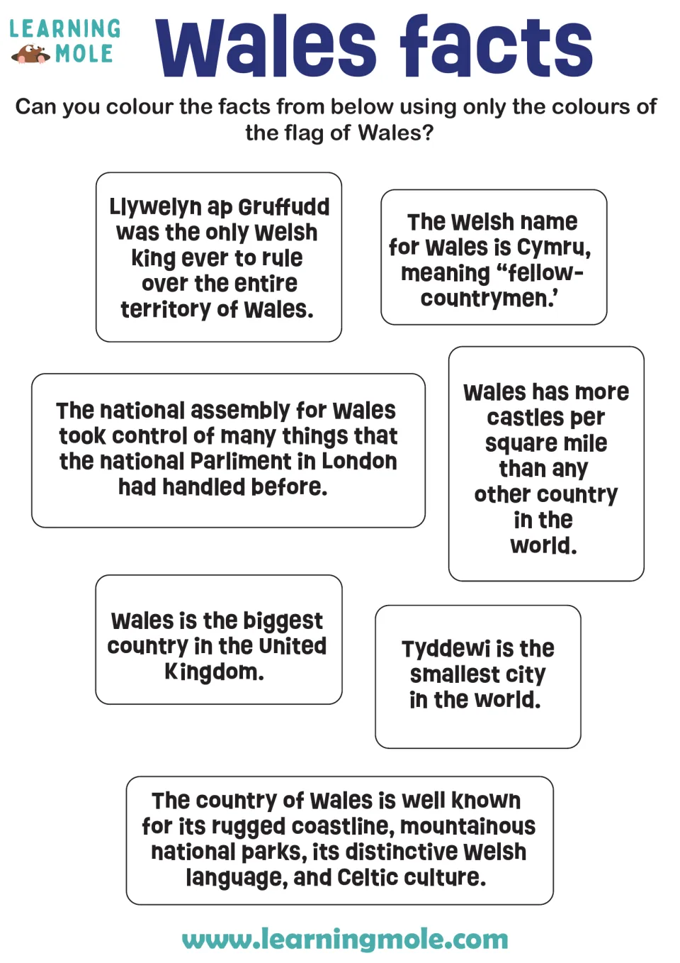 Wales facts: students colour seven fact cards on Cymru, castles, Tyddewi and Llywelyn using only Welsh flag colours