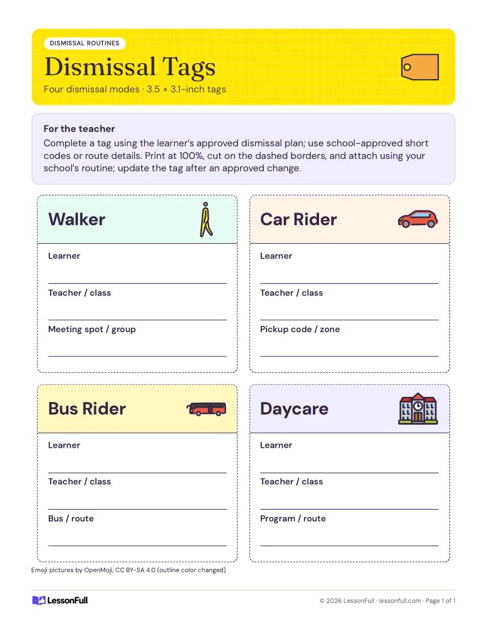 Dismissal tags for walker, car rider, bus rider and daycare, each with learner, teacher and pickup details to fill in