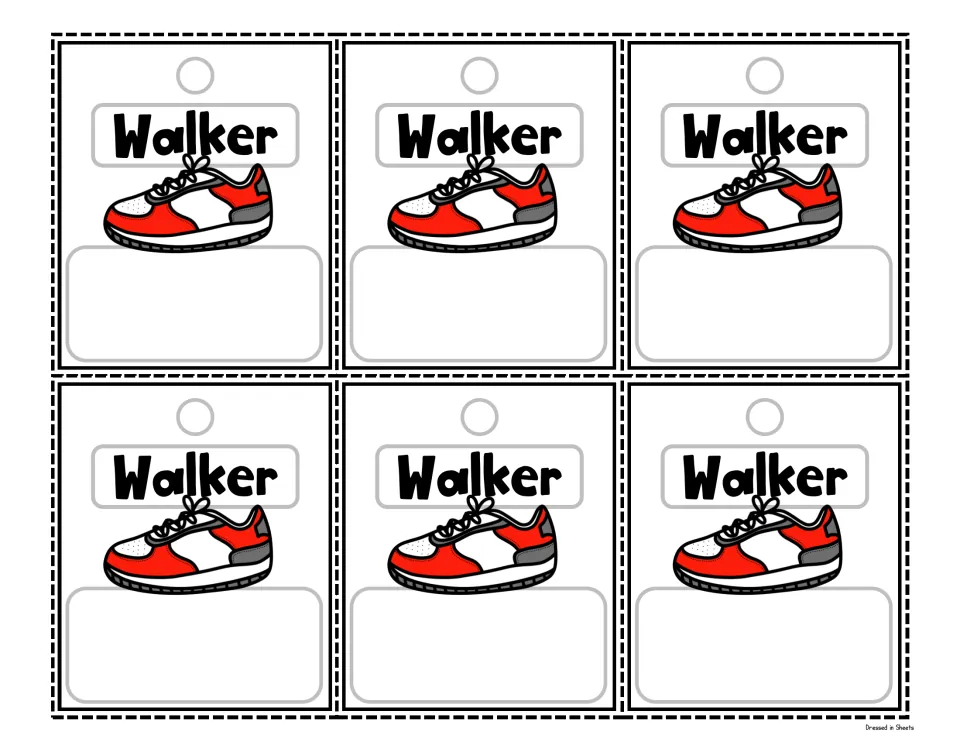 Walker dismissal tags in colour: six tags with a red sneaker, a hole to punch and space to write a child's name