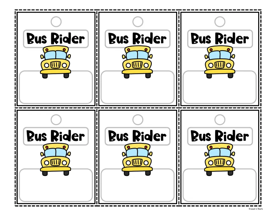 Bus Rider dismissal tags in colour: six tags showing a yellow school bus with space to write a child's name