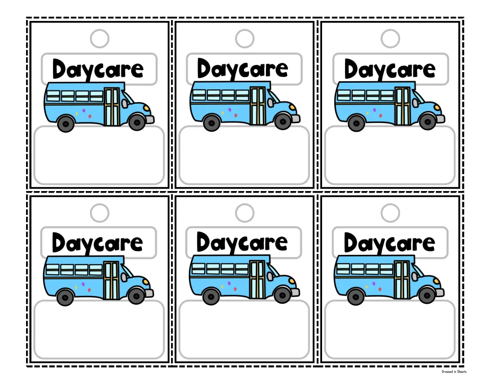 Daycare dismissal tags in colour: six tags showing a light blue daycare bus with space to write a child's name