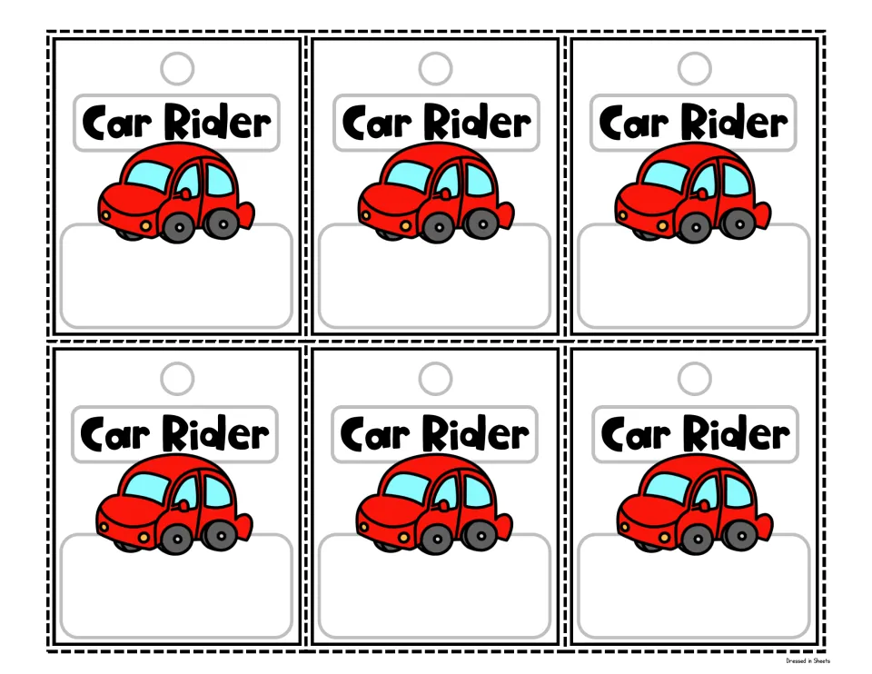Car Rider dismissal tags in colour: six tags showing a red car with space to write a child's name