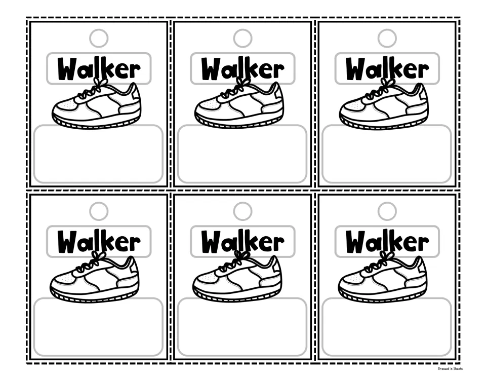 Walker dismissal tags in black and white: six sneaker tags to colour, each with space to write a child's name